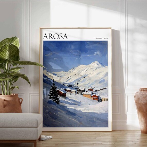 Arosa Switzerland Bold Blue Snow Slopes Above Village Chalets Poster