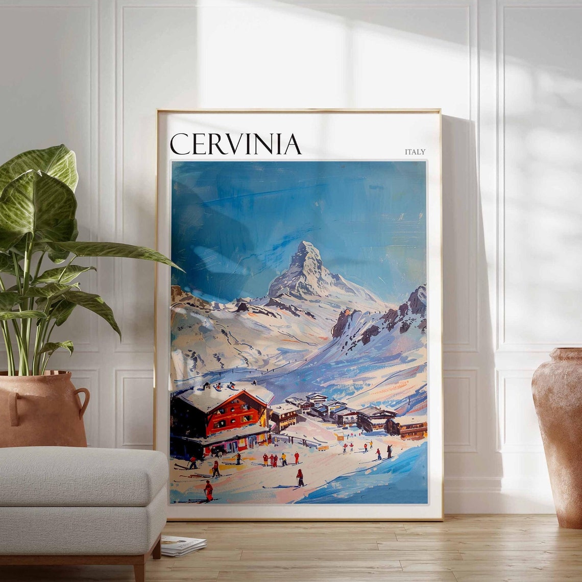Cervinia Italy Pyramid Peak Red Lodge Sunny Alpine Ski Poster