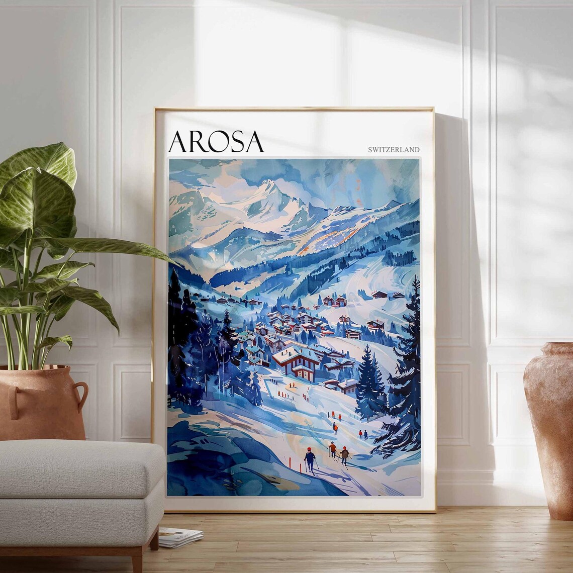 Arosa Switzerland Blue Valley Village Skiers Soft Pastel Peaks Poster