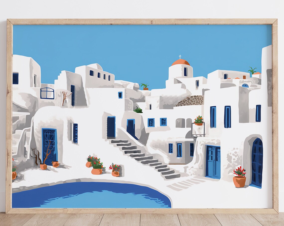 Santorini Travel Poster, Greece Illustration