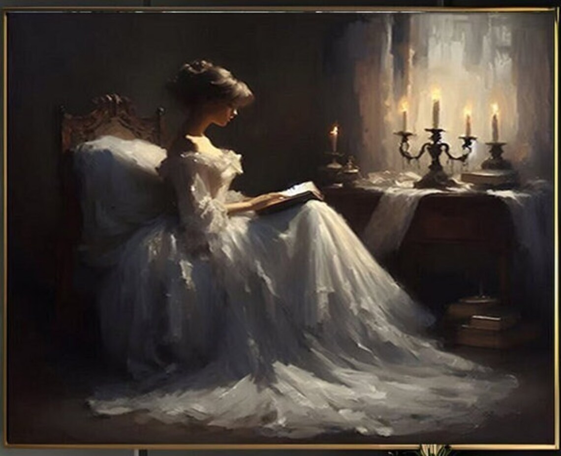 Victorian Woman Reading by Candlelight Vintage Oil Painting Poster