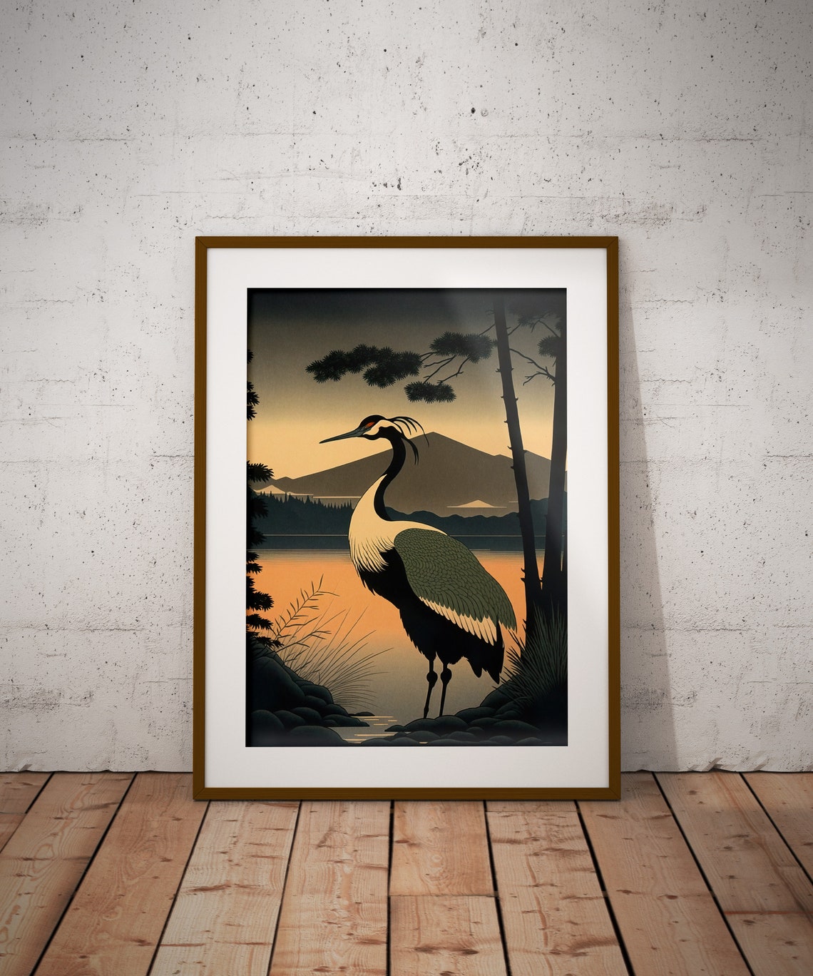 Red Crowned Crane By Lake At Sunrise Japanese Art Style Poster - Image 2