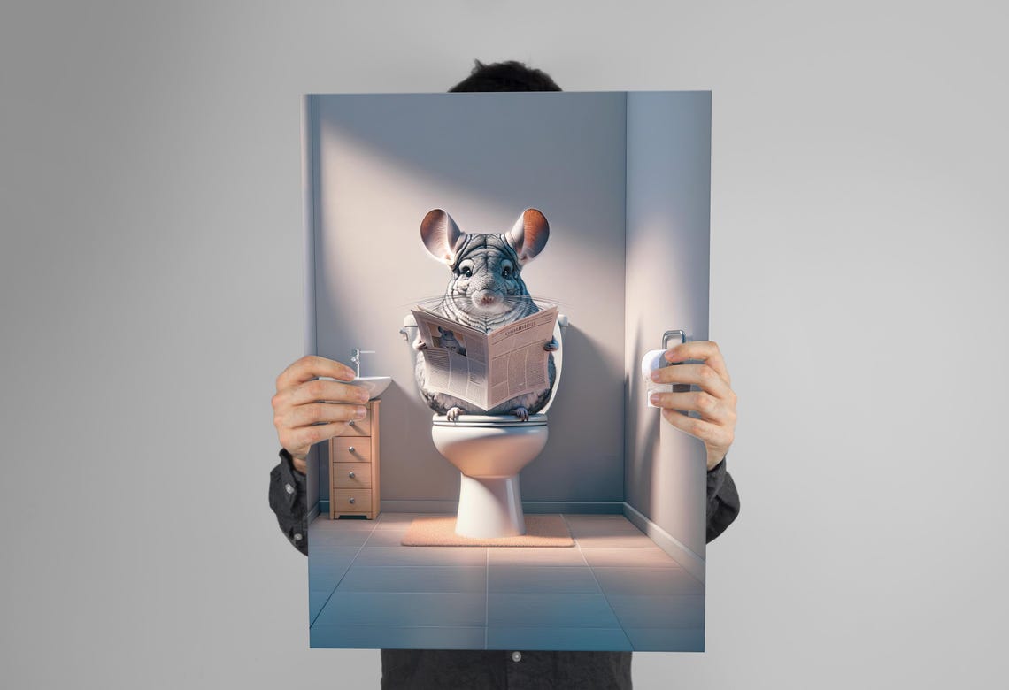 Chinchilla Reading the Newspaper on the Toilet Funny Bathroom Poster - Image 3
