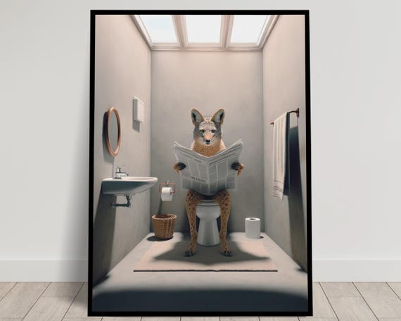 Photograph Of A Jackal Reading The Newspaper On The Toilet Funny Bathroom Decor Bathroom Wall Art Wc Toilet Poster Unique Gag Gift