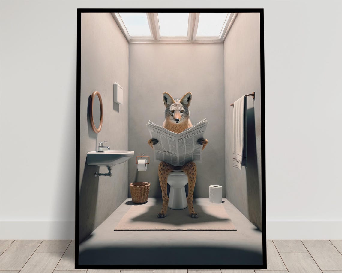 Jackal Reading the Newspaper on the Toilet Funny Bathroom Poster