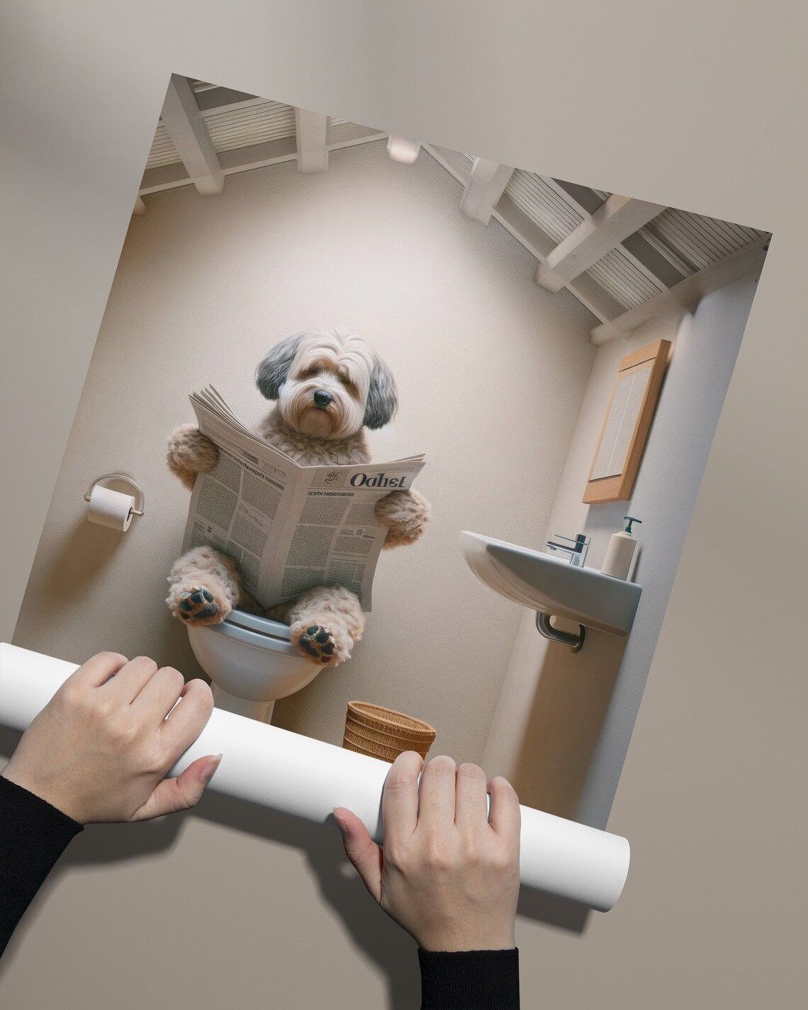Havanese Dog Reading Newspaper Bathroom Art Print - Image 2