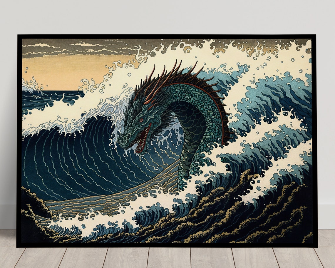 Japanese Dragon Rising From Ocean Waves Vintage Ukiyo E Poster