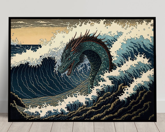 Wall Poster Dragon Rising From The Waters Illustration Style Japanese Art Wall Decoration Japanese Mythology