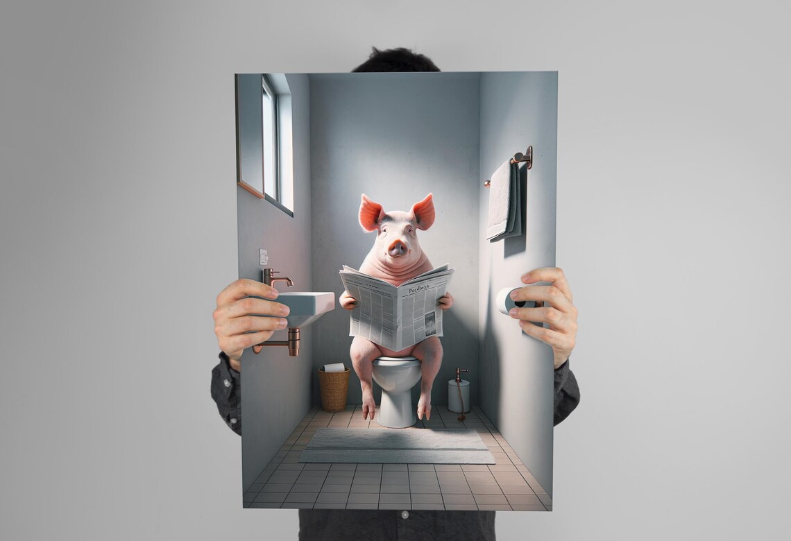 Pig Reading the Newspaper on the Toilet Funny Bathroom Poster - Image 3