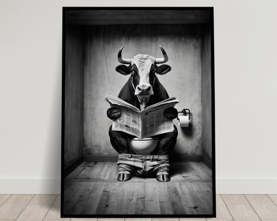 Photograph Of A Bull Reading On The Toilet In Black And White Fun Bathroom Decor Bathroom Wall Art Wc Toilet Poster Funny Gift