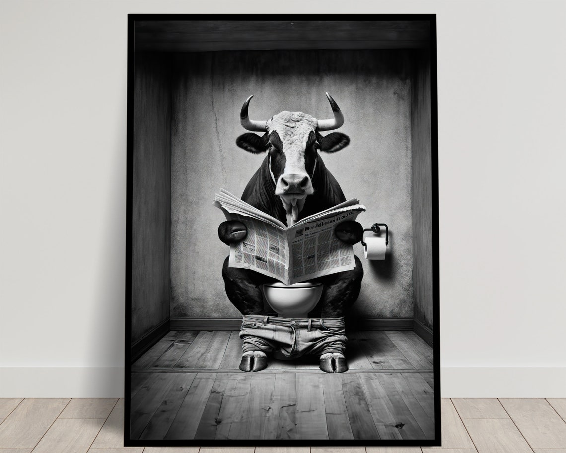Funny Bull On Toilet Reading Newspaper Black White Cow Humor Poster