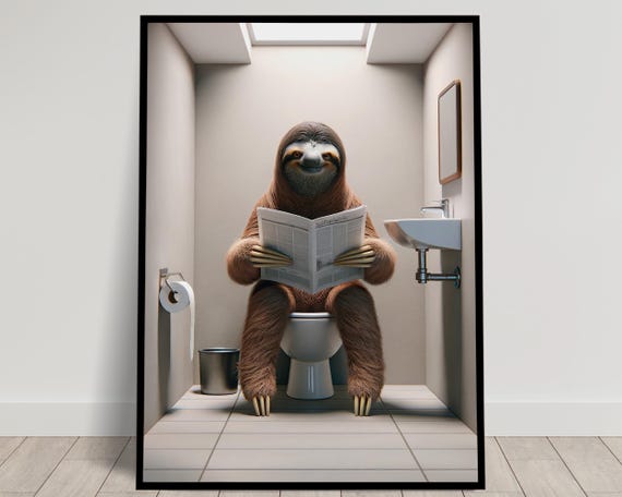 Photograph Of A Sloth Reading The Newspaper On The Toilet Funny Bathroom Decor Bathroom Wall Art Wc Toilet Poster Unique Gag Gift