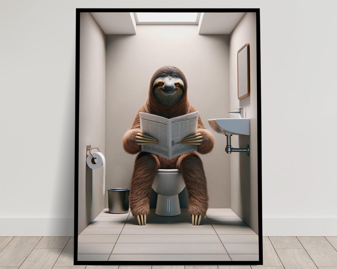 Smiling Sloth Reading Newspaper On The Toilet Funny Bathroom Poster