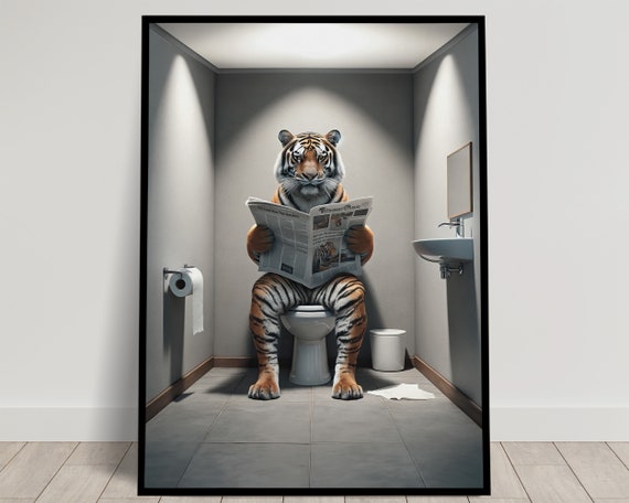 Photograph Of A Tiger Reading The Newspaper On The Toilet Funny Bathroom Decor Bathroom Wall Art Wc Toilet Poster Unique Funny Gift