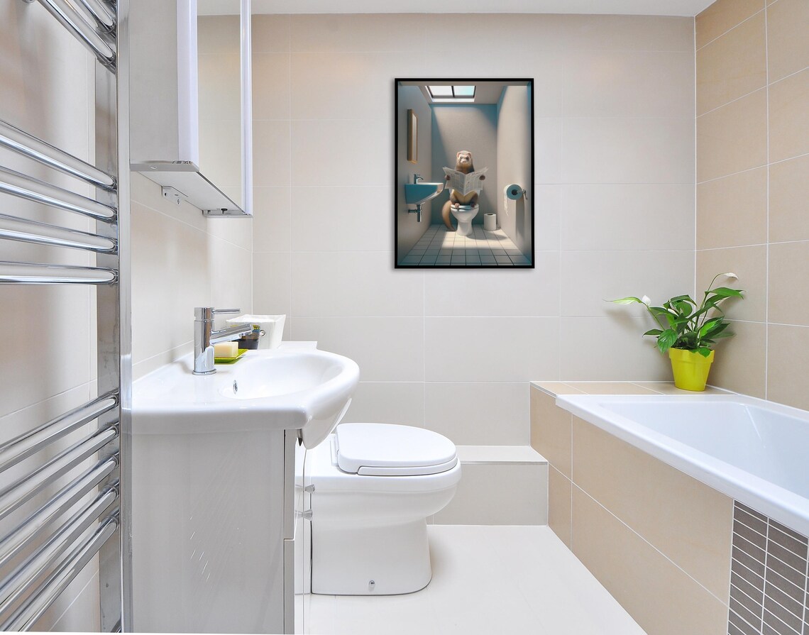 Ferret Reading the Newspaper on the Toilet Funny Bathroom Poster - Image 2