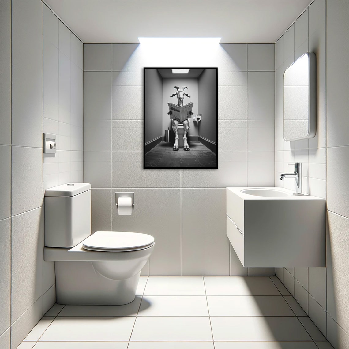 Goat Reading Newspaper On Toilet Black And White Funny Bathroom Poster - Image 3