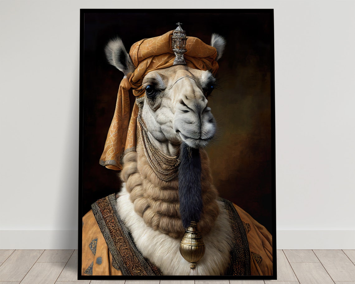 Noble Camel Baroque Style Portrait With Turban Funny Wall Art