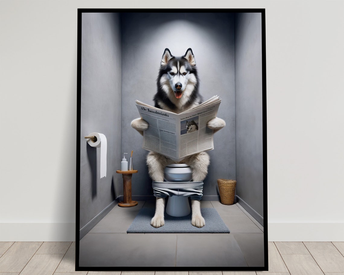 Funny Siberian Husky Reading Newspaper On Toilet Humor Poster