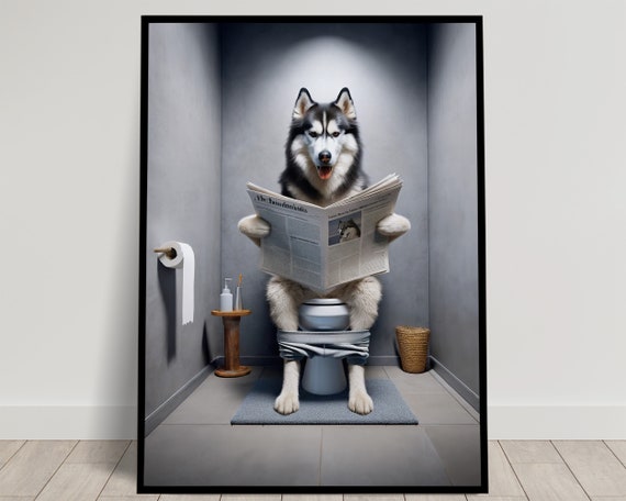 Photograph Of A Siberian Husky Reading The Newspaper On The Toilet Funny Bathroom Decor Bathroom Wall Art Wc Toilet Poster Funny Gift