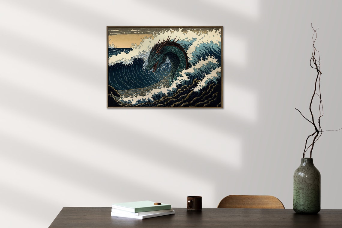 Japanese Dragon Rising From Ocean Waves Vintage Ukiyo E Poster - Image 3