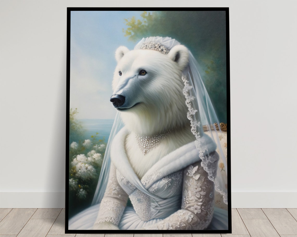 Polar Bear Bride in a White Lace Gown by the Sea Wedding Animal Poster