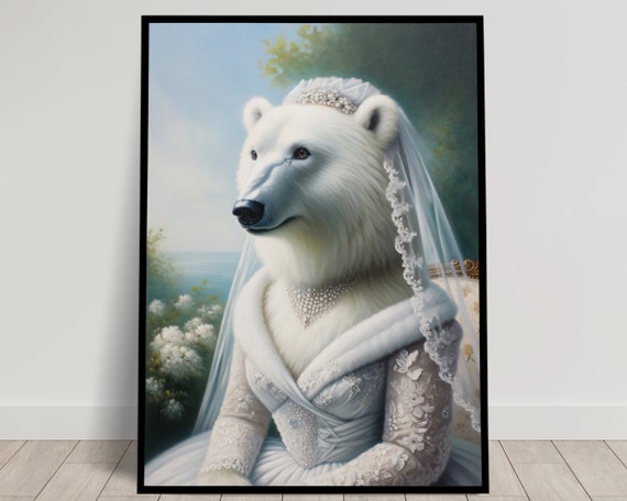 Portrait Of A Polar Bear Wearing A Wedding Dress Animal Wall Decor Polar Bear Mariage Poster Bride Wall Art Funny Frame Unique Gift