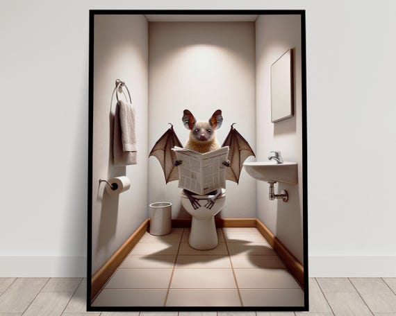 Photograph Of A Bat Reading The Newspaper On The Toilet Funny Bathroom Decor Bathroom Wall Art Wc Toilet Poster Unique Gag Gift