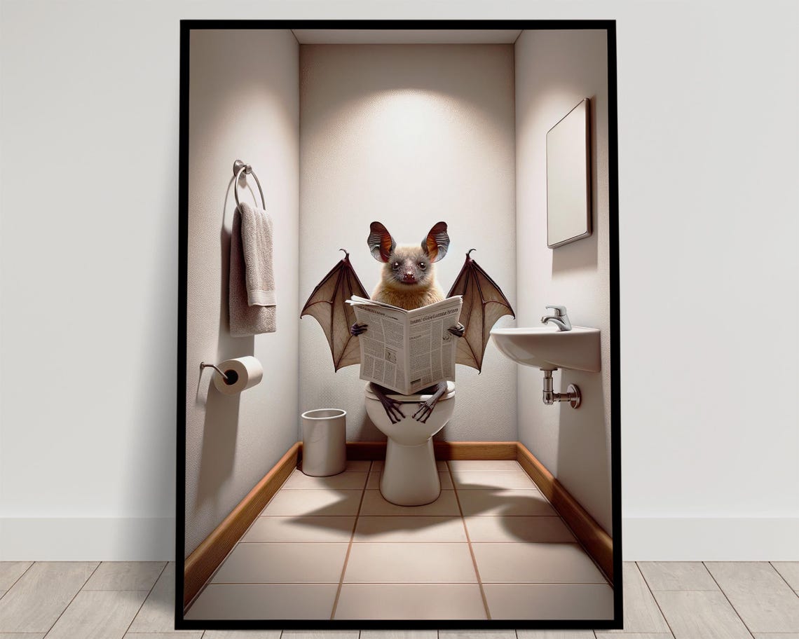 Bat Reading the Newspaper on the Toilet Funny Bathroom Poster
