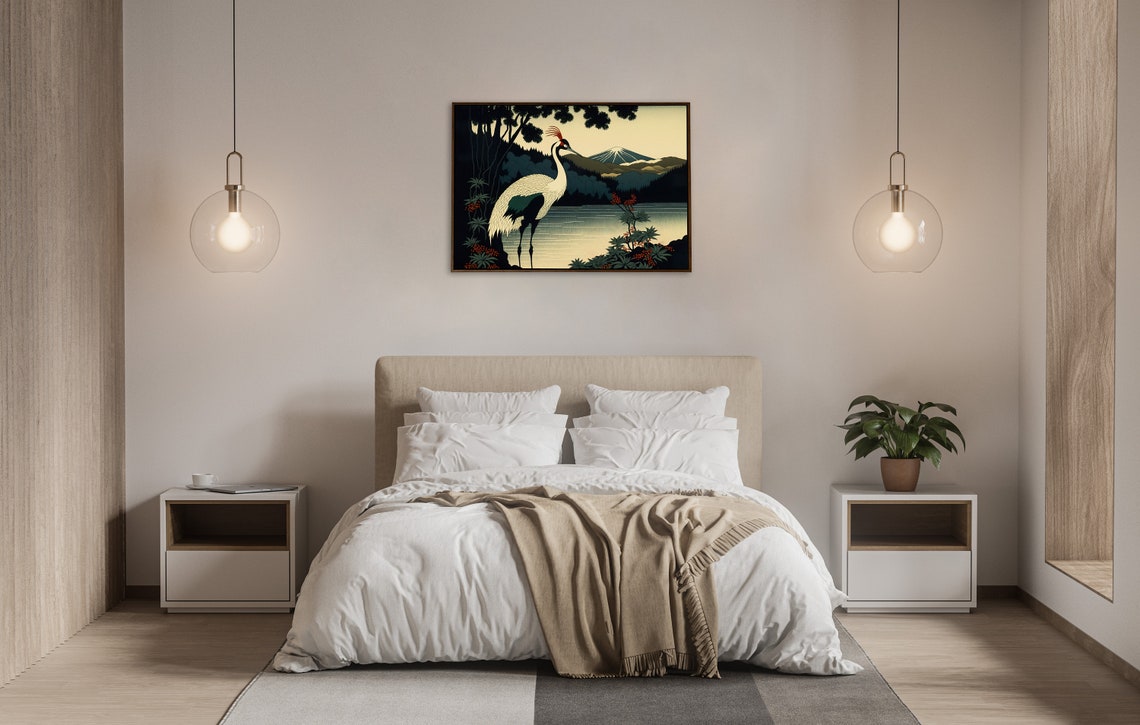 Red Crowned Crane Mount Fuji Sunset Japanese Landscape Poster - Image 3