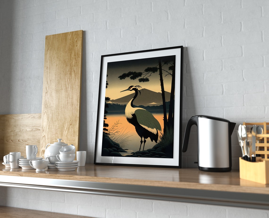 Red Crowned Crane By Lake At Sunrise Japanese Art Style Poster - Image 4