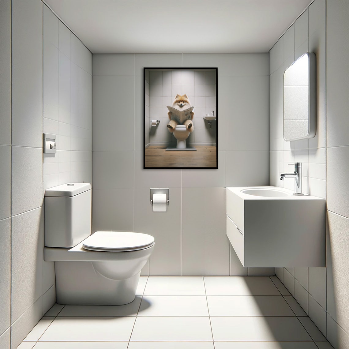 Spitz Dog Reading Newspaper While Sitting on the Toilet Funny Poster - Image 4