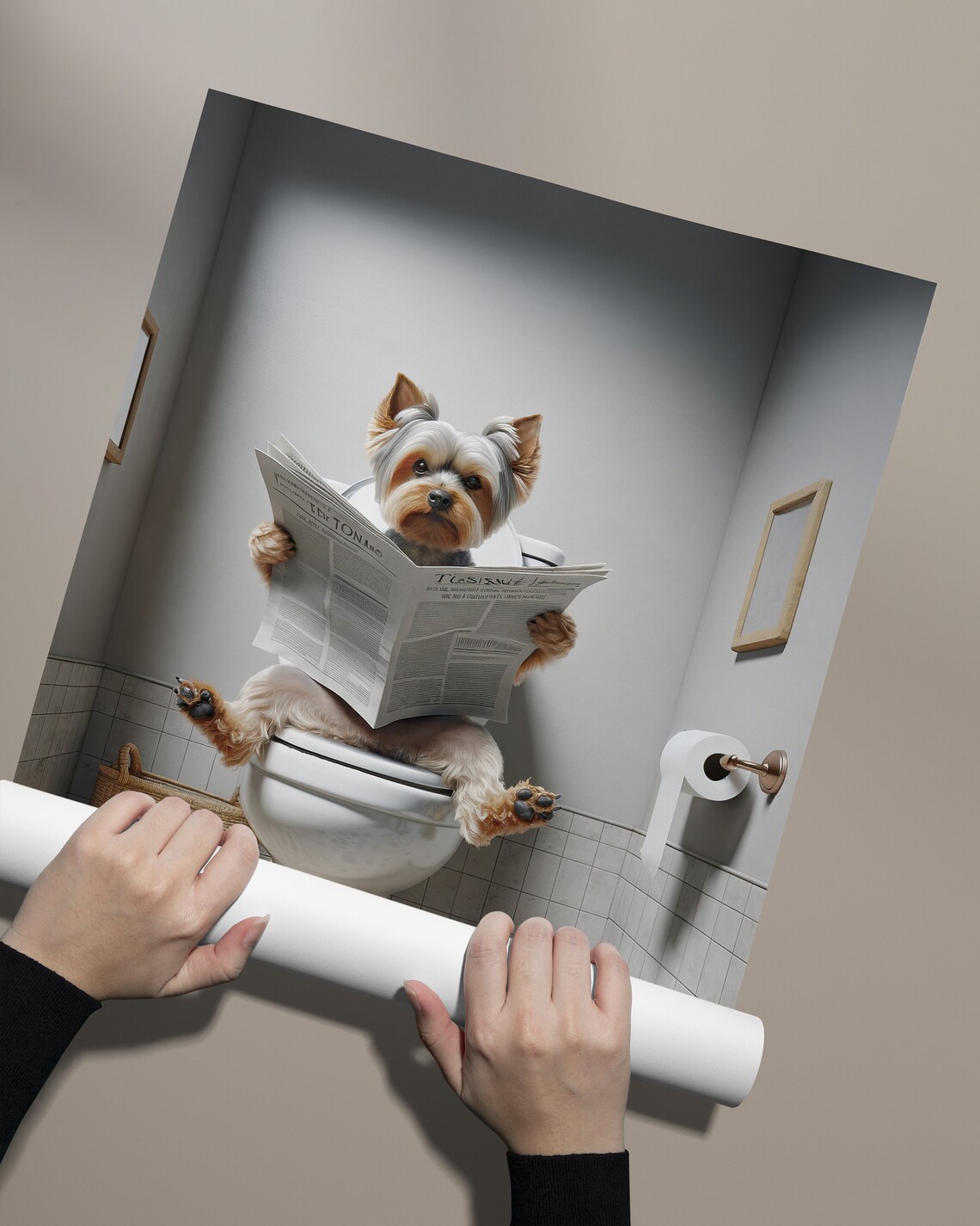 Yorkshire Terrier Reading Newspaper on the Toilet Funny Bathroom Poster - Image 2