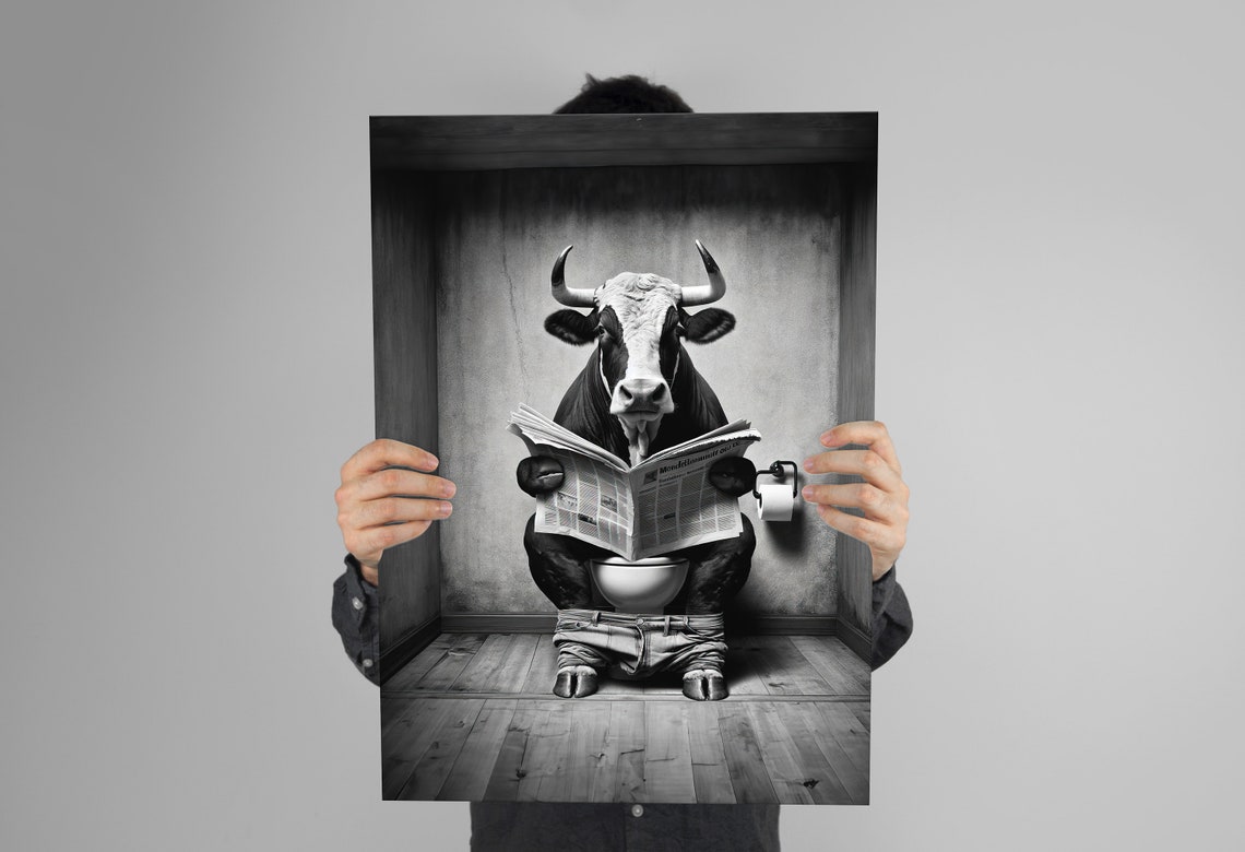 Funny Bull On Toilet Reading Newspaper Black White Cow Humor Poster - Image 2