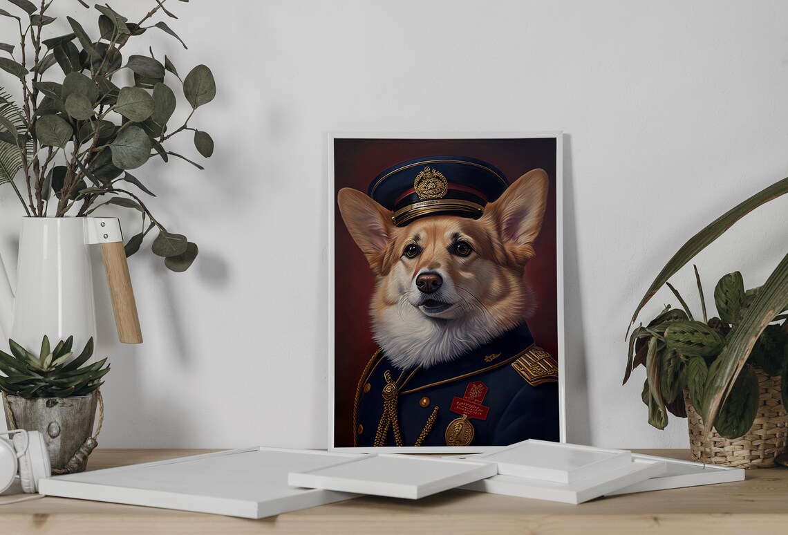 Portrait Of A Corgi In Military Uniform Art Print - Image 3