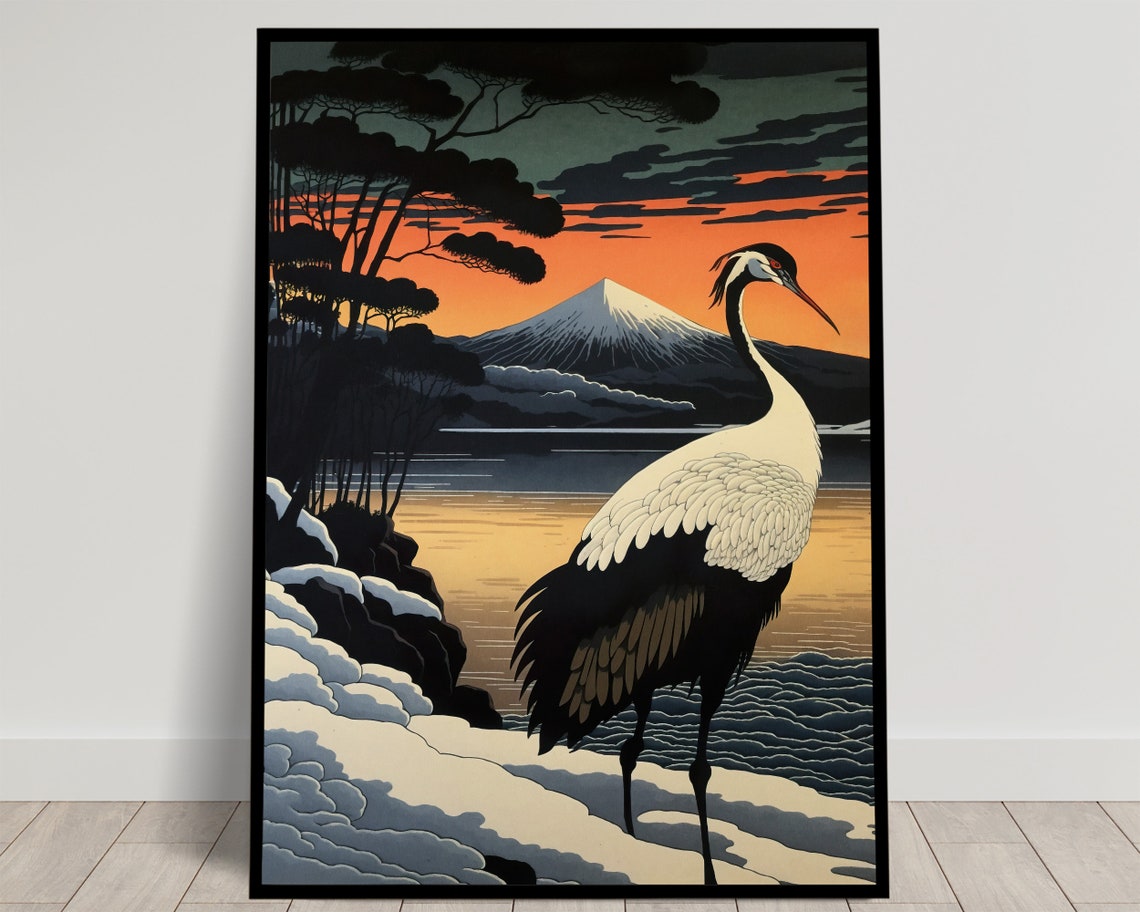 Red Crowned Crane At Sunset With Mount Fuji Japan Art Poster