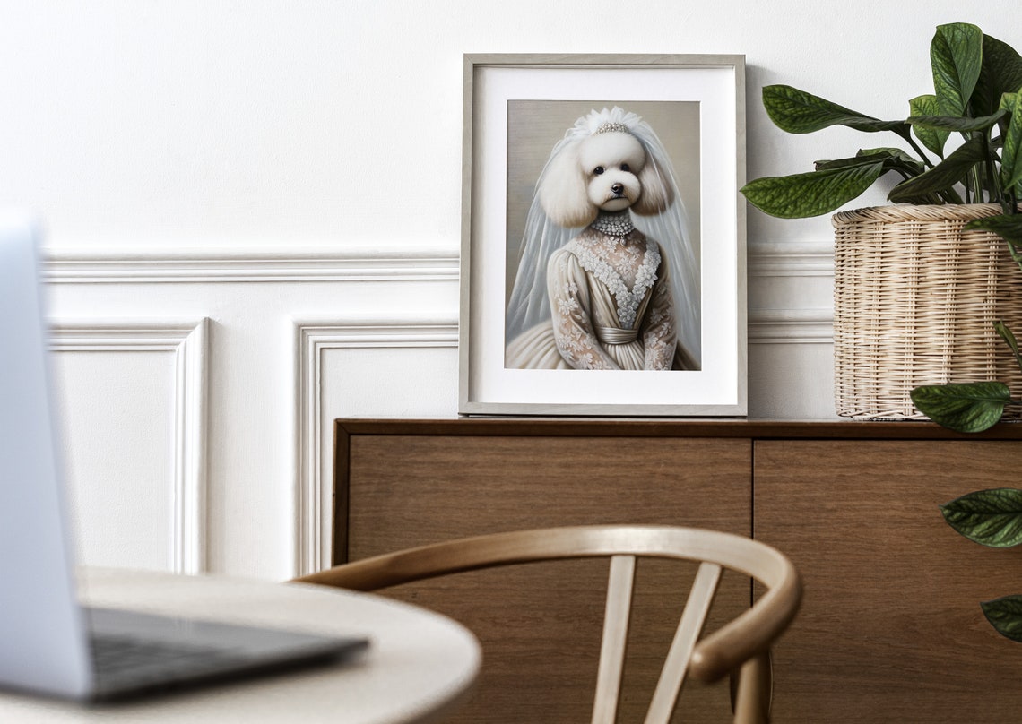 White Poodle Bride in Lace Wedding Gown Veil and Pearl Necklace Poster - Image 3