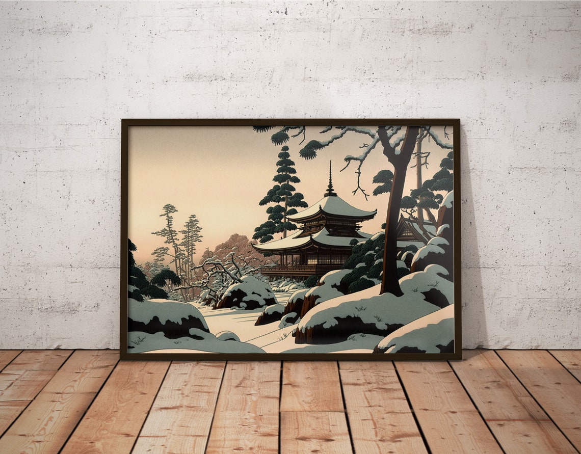 Japanese Temple In Deep Snow Winter Pines Tranquil Art Poster - Image 2