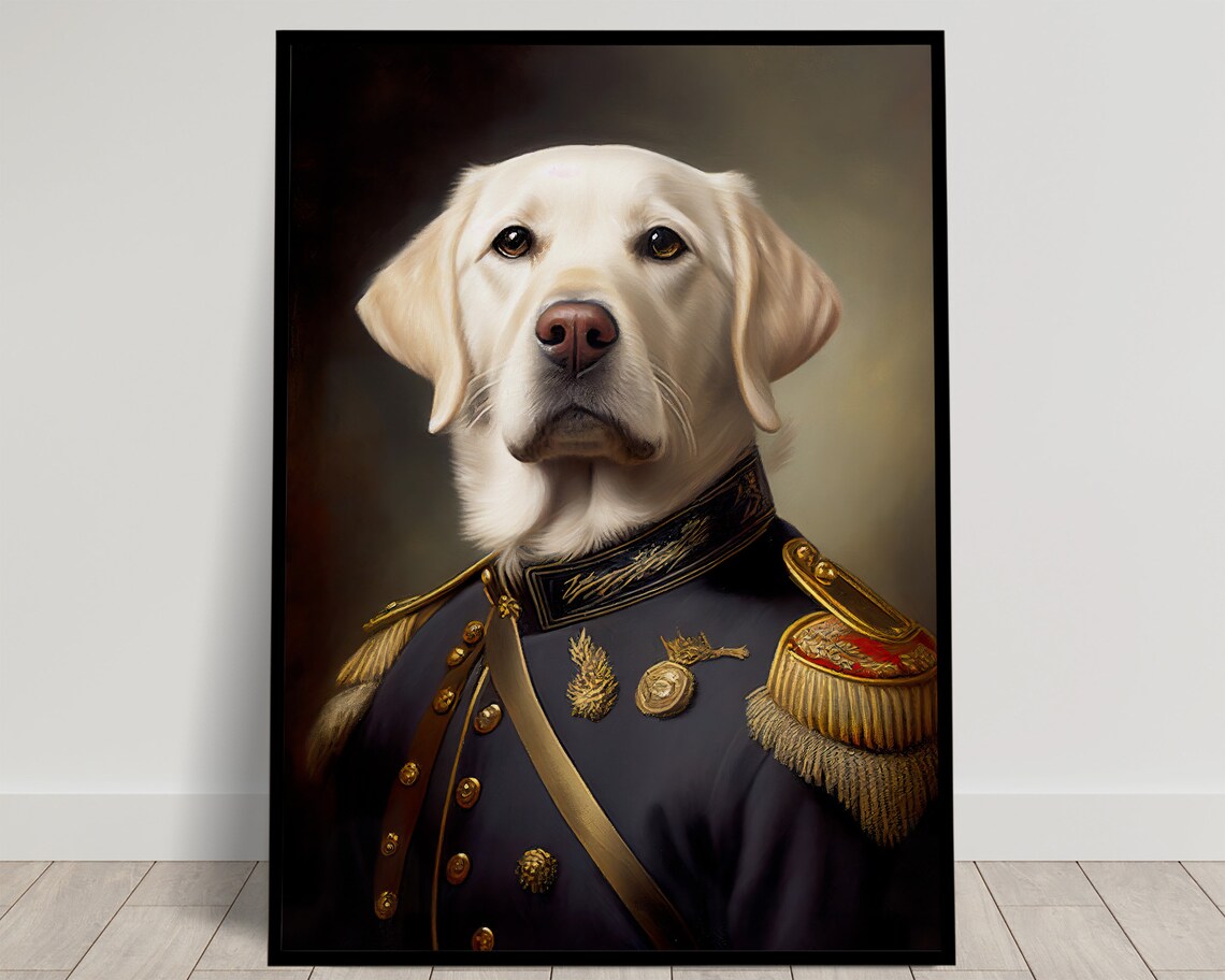 Yellow Labrador In Military Uniform Art Print