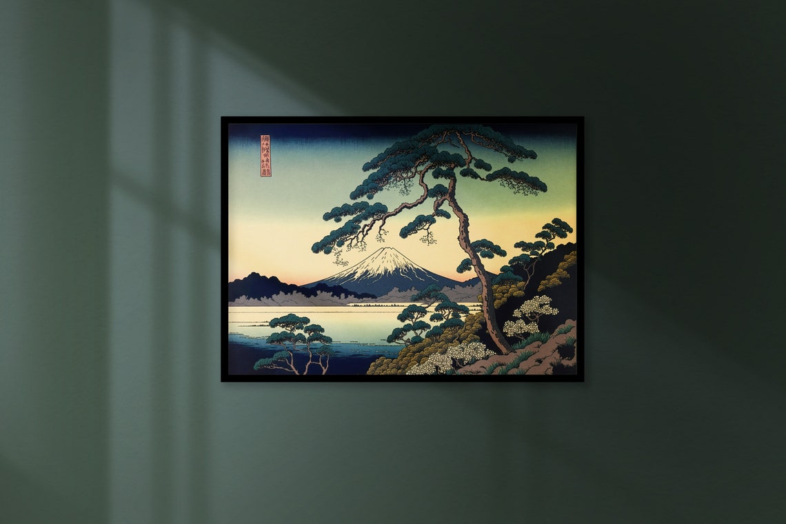 Mount Fuji Japanese Ukiyo E Landscape Pine Tree Sunset Lake Art Print - Image 3