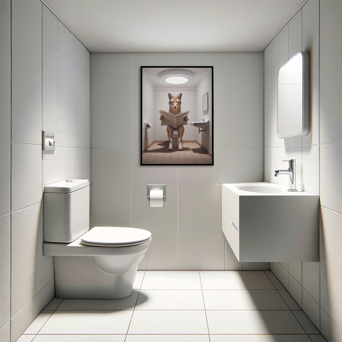 Coyote Reading the Newspaper on the Toilet Funny Bathroom Poster - Image 4