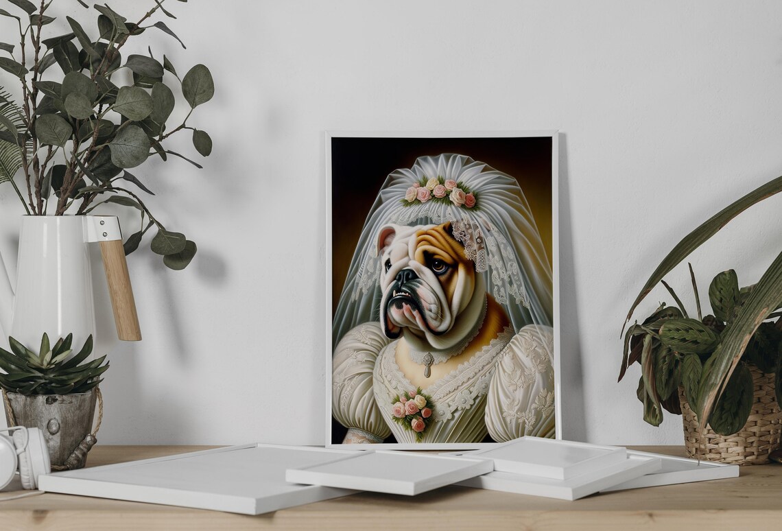 English Bulldog Bride in Wedding Gown Veil and Rose Bouquet Poster - Image 2