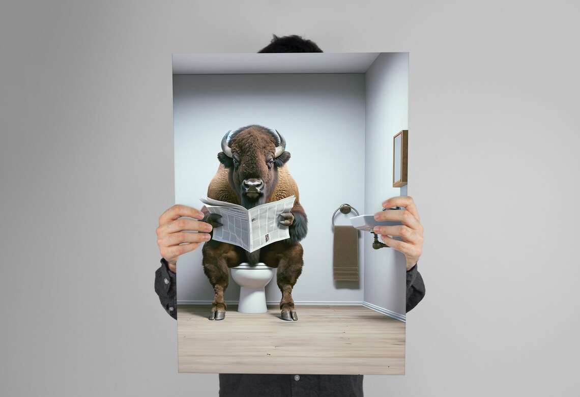 Bison Reading Newspaper, Funny Bathroom Poster - Image 3