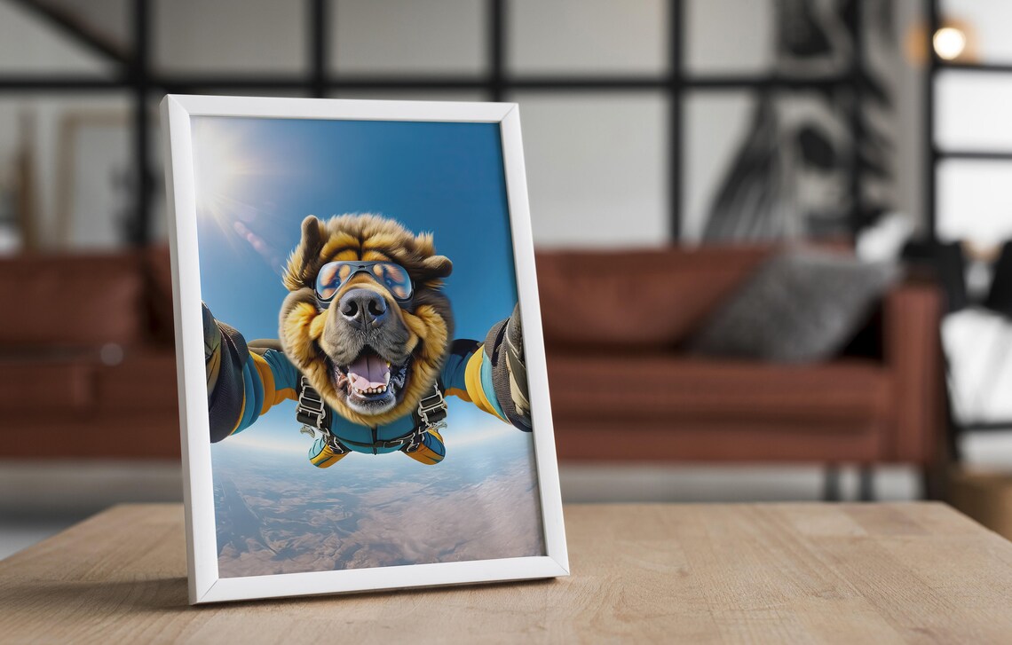 Tibetan Mastiff Skydiving Selfie with Goggles Over Mountain Landscape Poster - Image 4