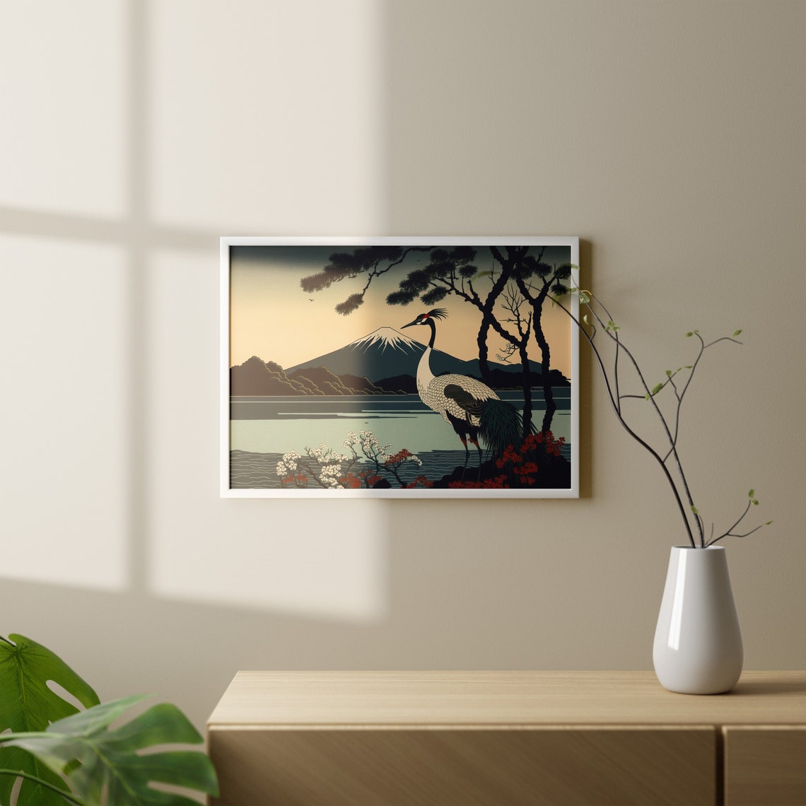 Red Crowned Crane At Sunrise Japanese Art Style Mount Fuji Poster - Image 3