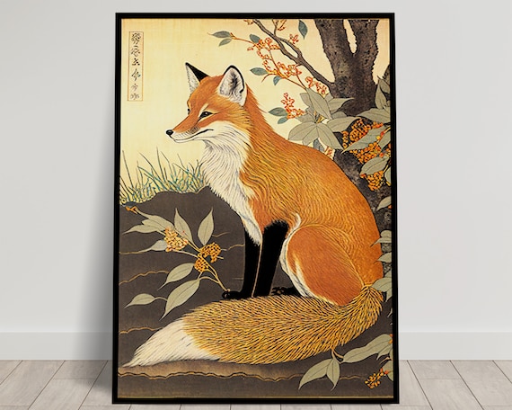 Fox Japanese Art Style Poster, Animal Wall Decor