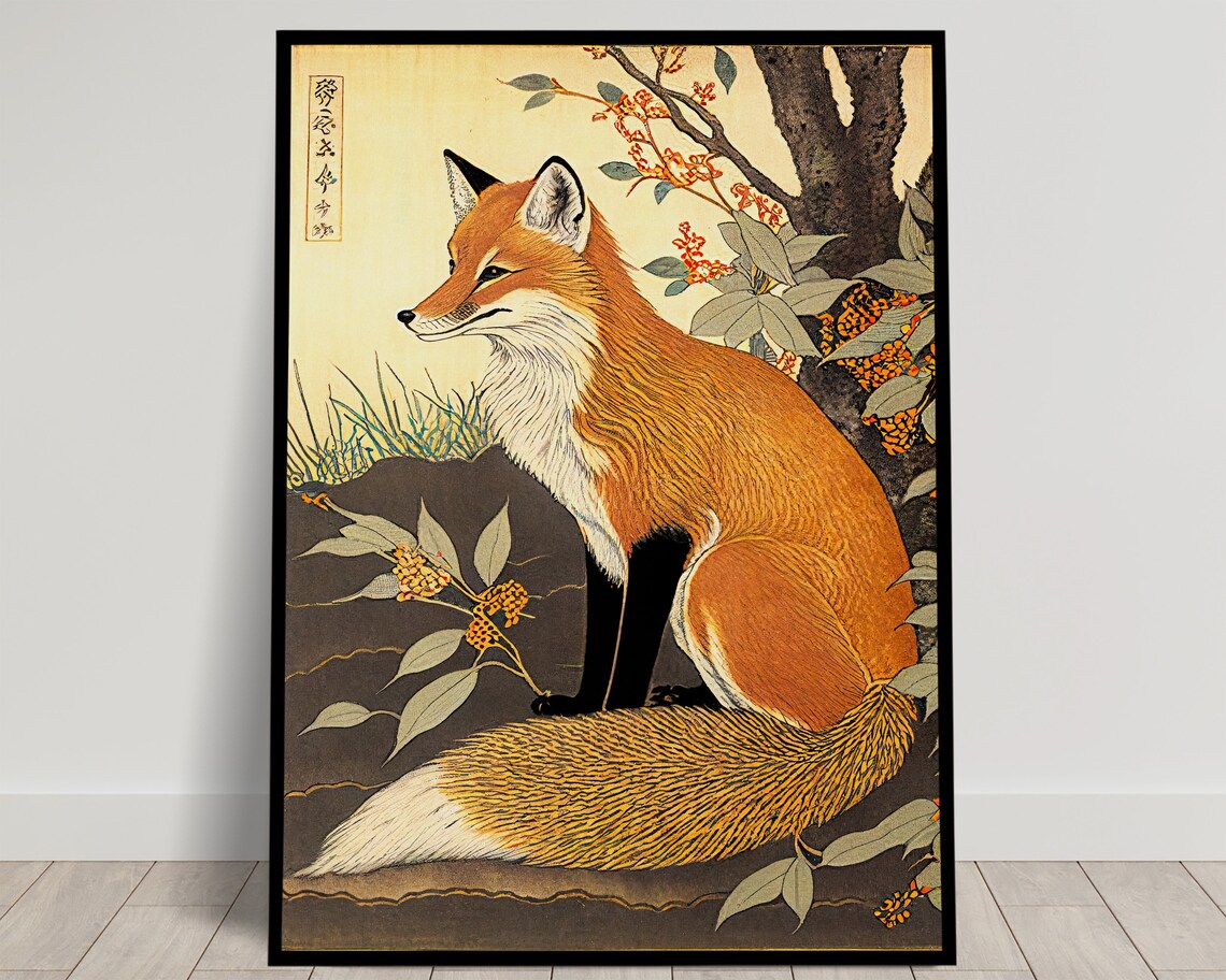 Fox Japanese Art Style Poster, Animal Wall Decor
