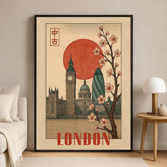 London Japan Style Wall Art Print Vintage City Poster With Big Ben Gherkin Cherry Blossoms And Rising Sun Decor