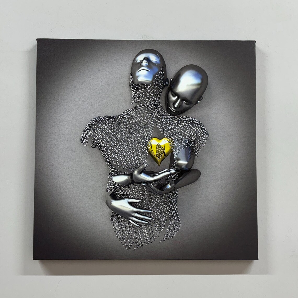 Silver Embracing Couple Sculpture Golden Heart Modern Love Art Poster