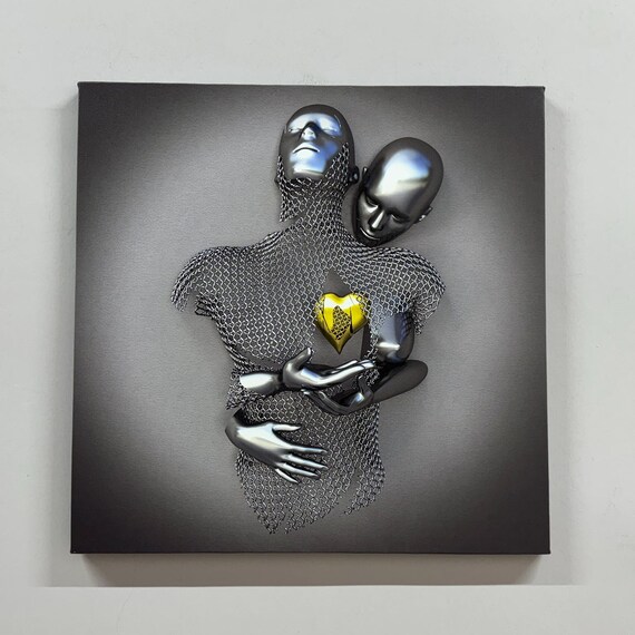 Silver Embracing Couple Sculpture Golden Heart Modern Love Art Poster