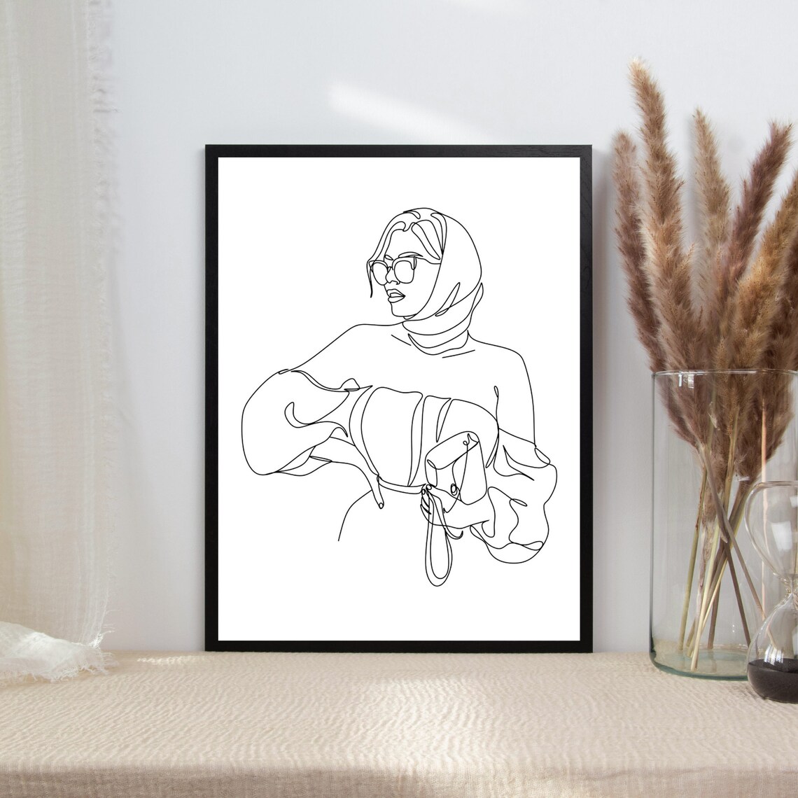 Fashion Woman Headscarf Sunglasses Minimalist Line Art Poster - Image 2